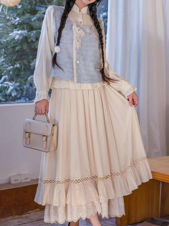 Dreamy Sea Salt Magnolia Forest-Style Lace Tiered Skirt, Fresh Everyday Shirt & Embroidered Vest, Elegant Original Design