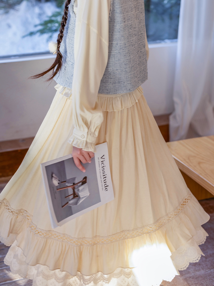 Dreamy Sea Salt Magnolia Forest-Style Lace Tiered Skirt, Fresh Everyday Shirt & Embroidered Vest, Elegant Original Design