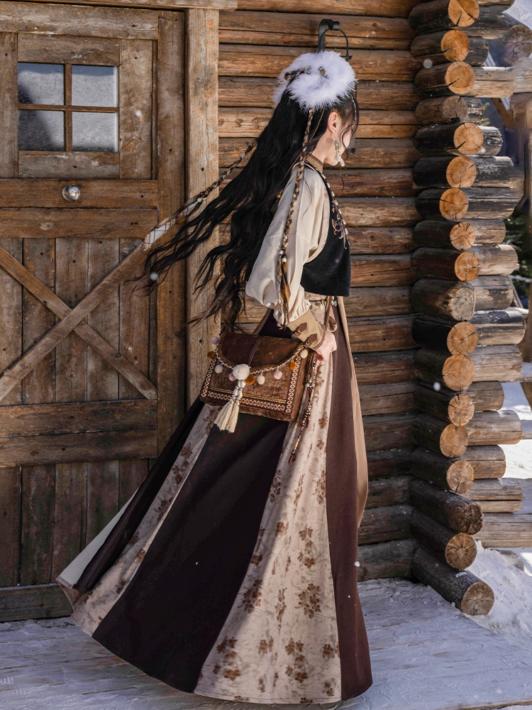 Dreamlike Frontier-Inspired Outfit, Modern Tang Vest, Color-Blocked Flared Skirt, Embroidered Mandarin-Collar Blouse, Ethnic Boho Style