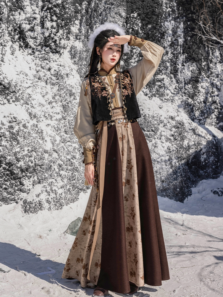 Dreamlike Frontier-Inspired Outfit, Modern Tang Vest, Color-Blocked Flared Skirt, Embroidered Mandarin-Collar Blouse, Ethnic Boho Style