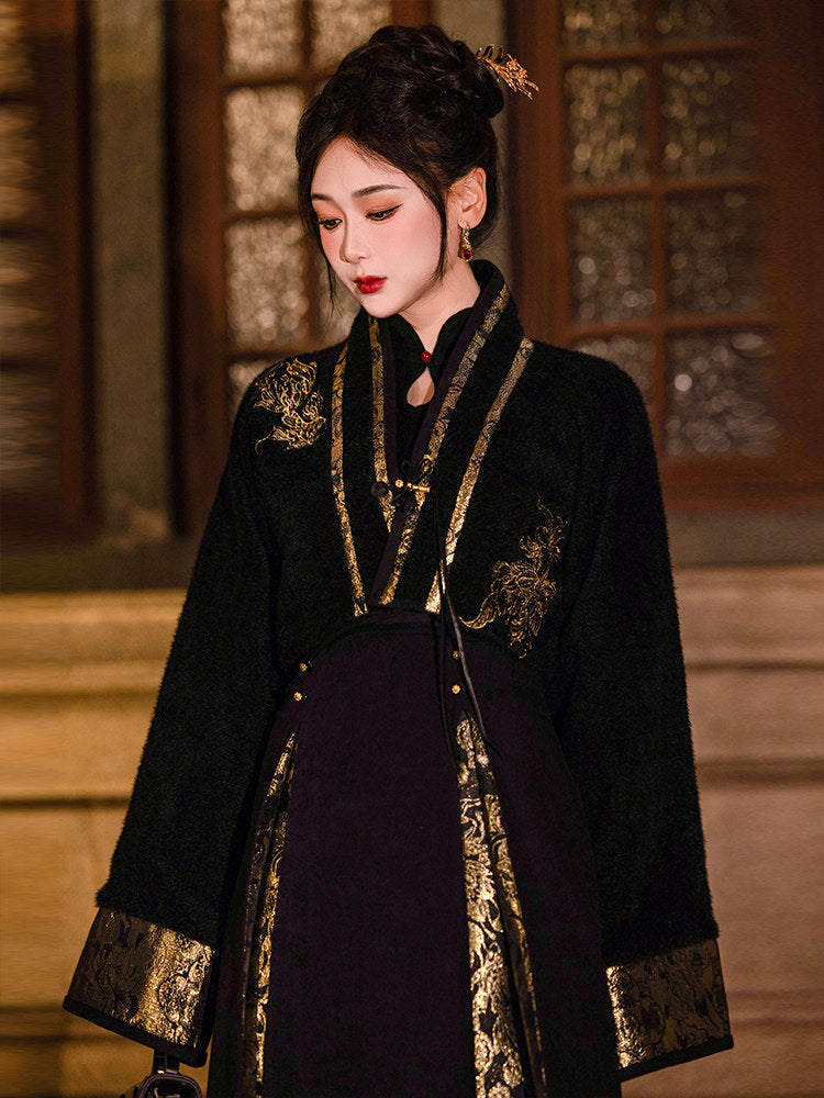Dreamy Year-Round Black Three-Pleat Skirt, Song Dynasty Han-Style Embroidery & Gold-Woven Design, Luxe Elegant Look, Flattering for Petite Figures