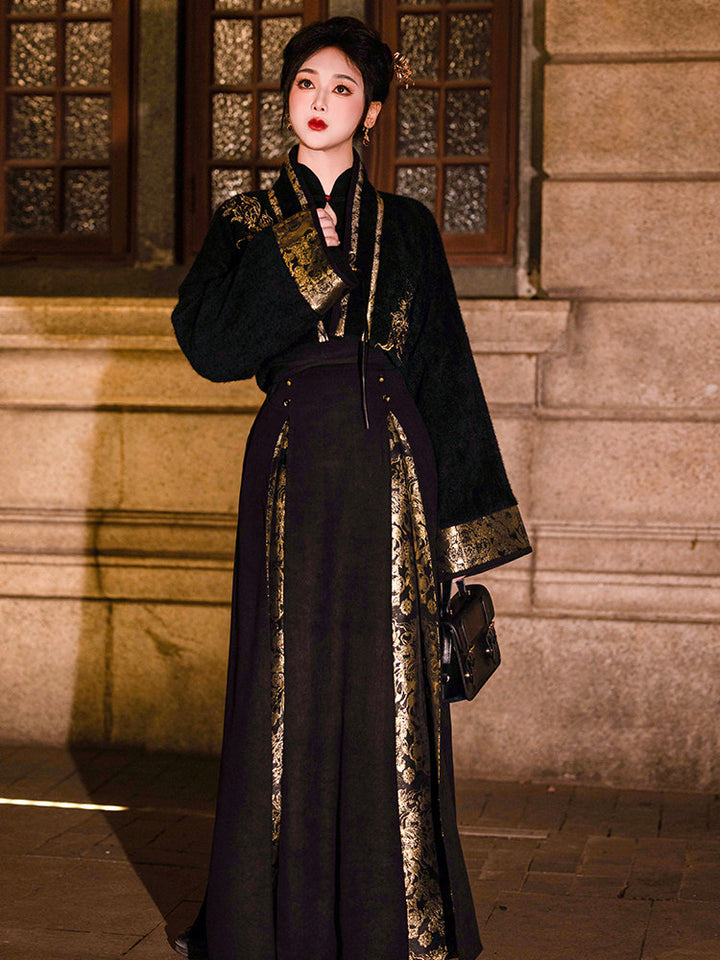Dreamy Year-Round Black Three-Pleat Skirt, Song Dynasty Han-Style Embroidery & Gold-Woven Design, Luxe Elegant Look, Flattering for Petite Figures