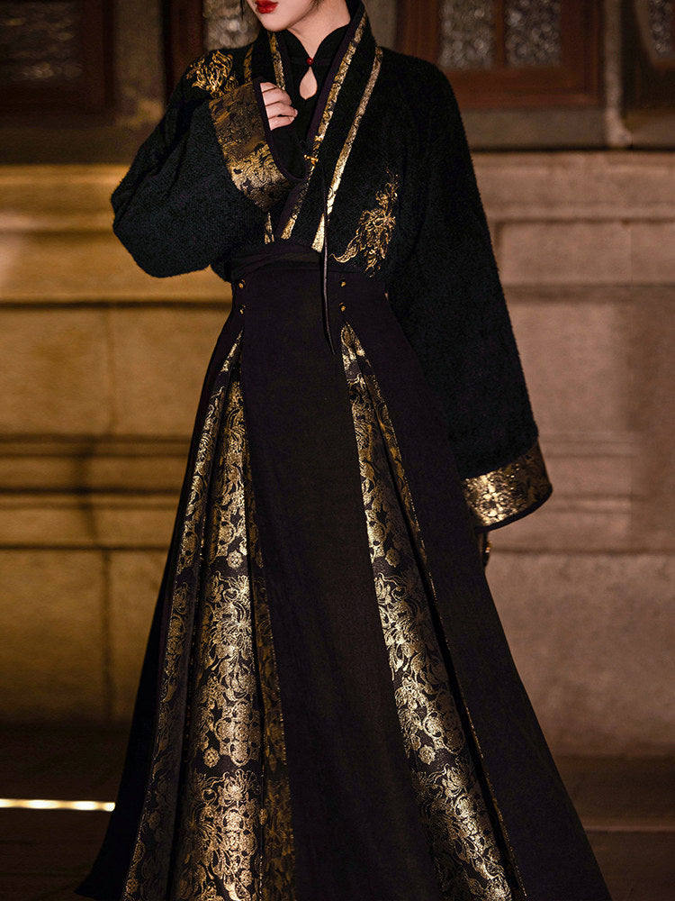 Dreamy Year-Round Black Three-Pleat Skirt, Song Dynasty Han-Style Embroidery & Gold-Woven Design, Luxe Elegant Look, Flattering for Petite Figures
