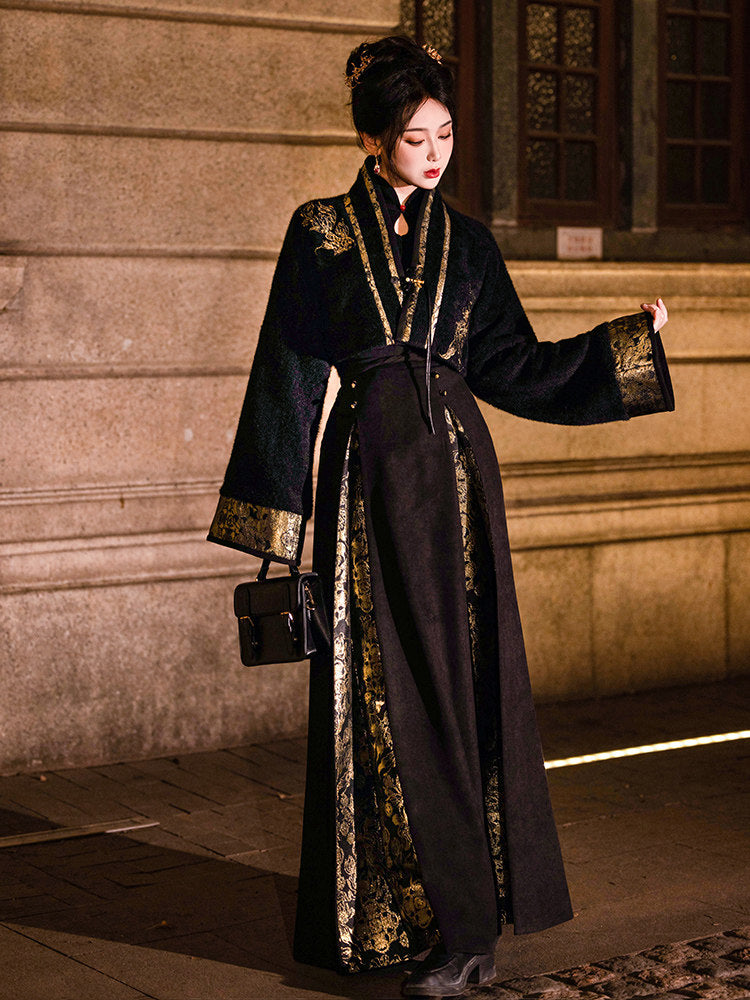 Dreamy Year-Round Black Three-Pleat Skirt, Song Dynasty Han-Style Embroidery & Gold-Woven Design, Luxe Elegant Look, Flattering for Petite Figures