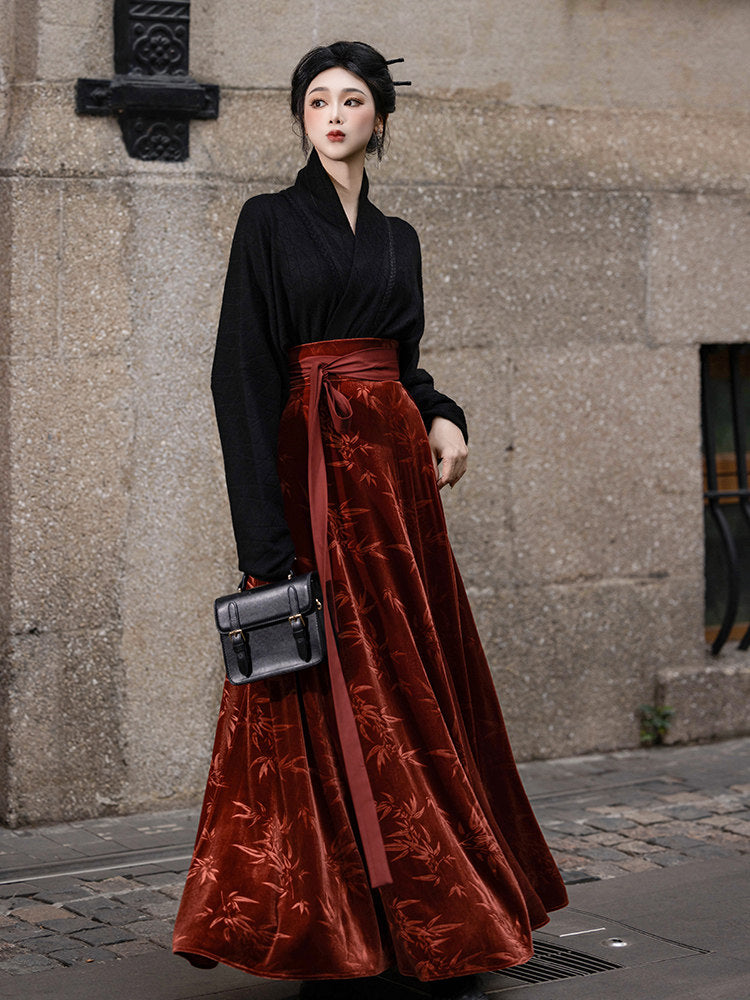 Dreamy Red Spider Lily Chinese-Style Velvet Hanfu Skirt & Batwing Sweater Jacket in Red & Black