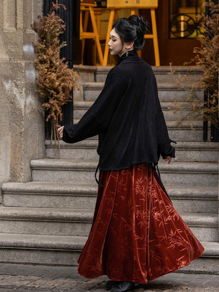 Dreamy Red Spider Lily Chinese-Style Velvet Hanfu Skirt & Batwing Sweater Jacket in Red & Black