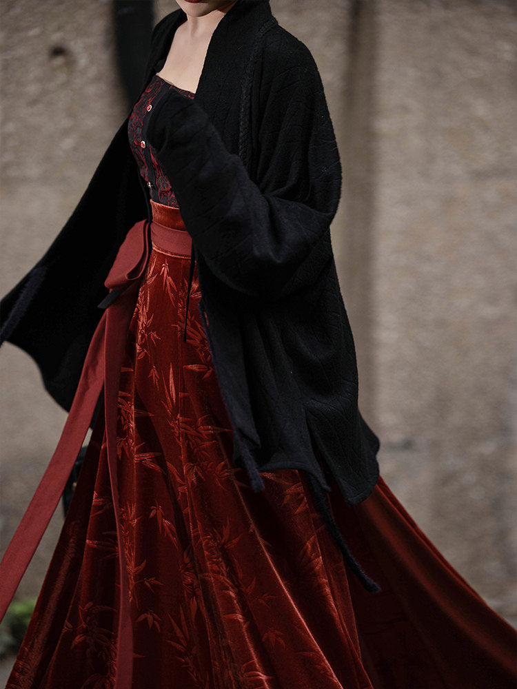 Dreamy Red Spider Lily Chinese-Style Velvet Hanfu Skirt & Batwing Sweater Jacket in Red & Black