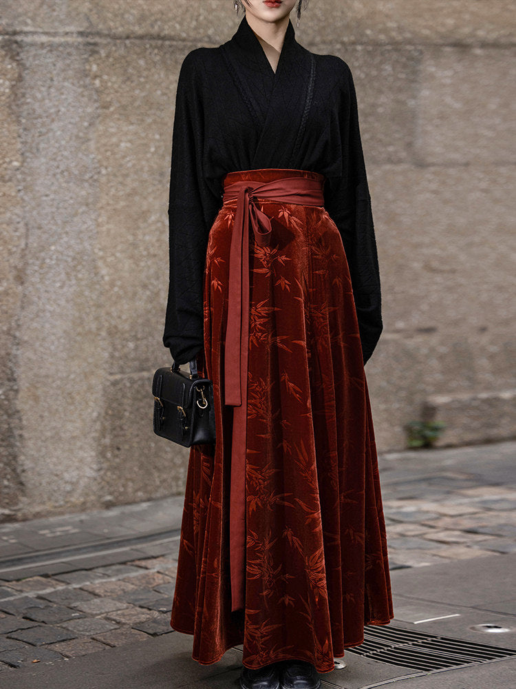 Dreamy Red Spider Lily Chinese-Style Velvet Hanfu Skirt & Batwing Sweater Jacket in Red & Black