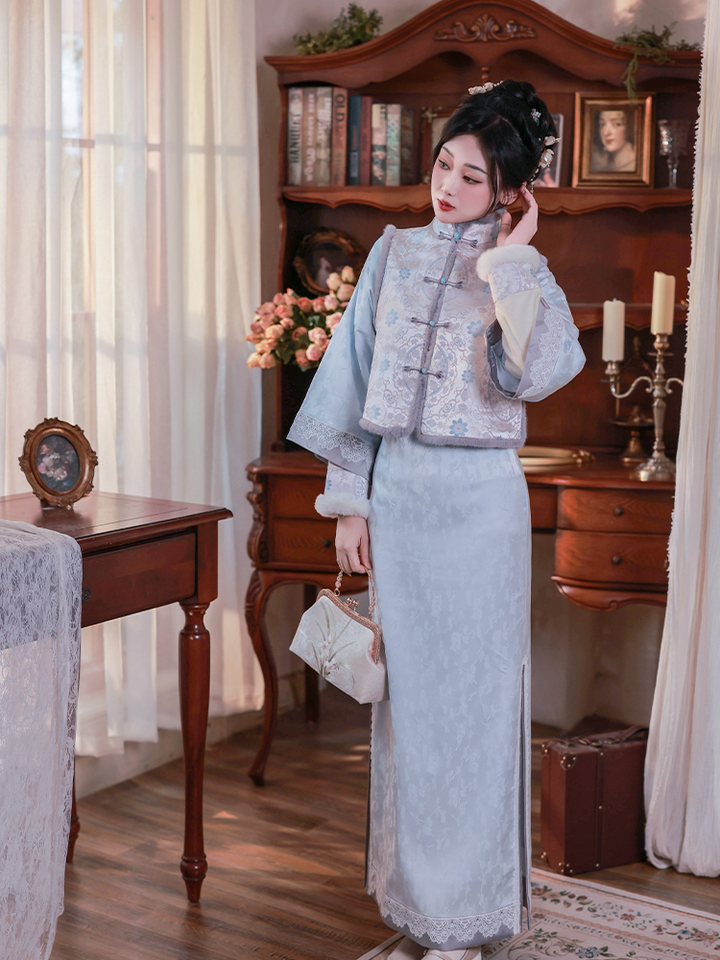 Snowy Dream Original Modern Qipao with Wide Sleeves, Faux Song Brocade Vest, Cool Blue-Gray Lace, Spring/Fall Style