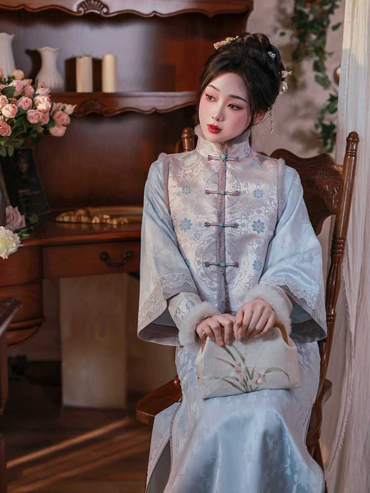 Snowy Dream Original Modern Qipao with Wide Sleeves, Faux Song Brocade Vest, Cool Blue-Gray Lace, Spring/Fall Style