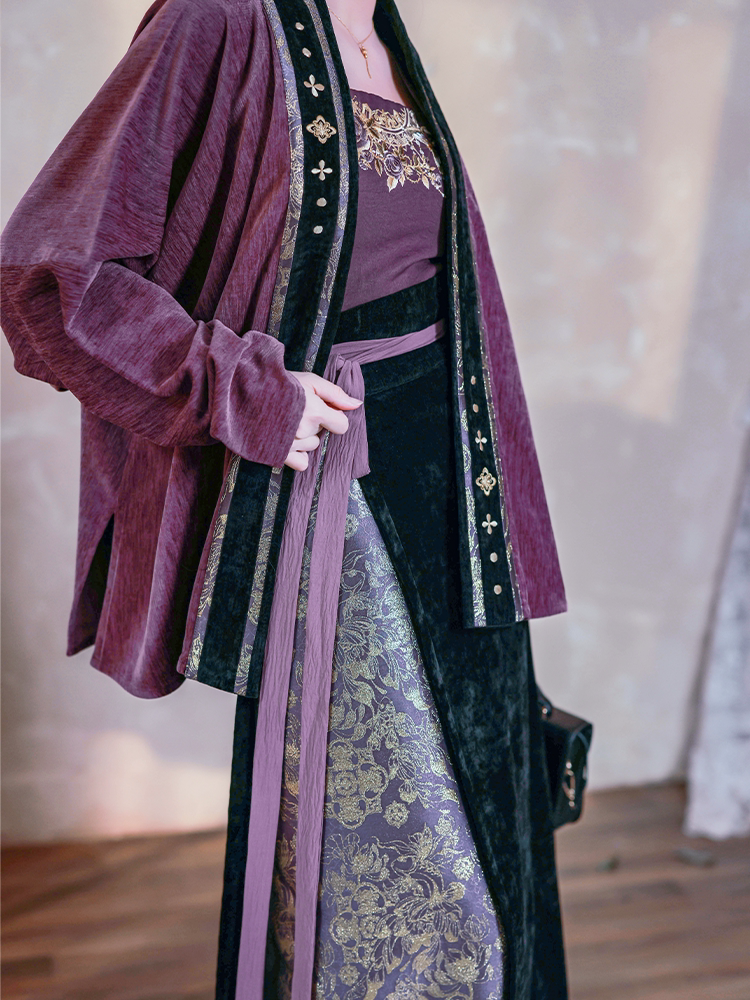 Dreamlike Dusk Mountain Purple Original Hanfu Song-Style Batwing Sleeve Wrap Skirt, Spring/Fall Chenille Embroidery & Gold Brocade, Elegant Everyday Wear