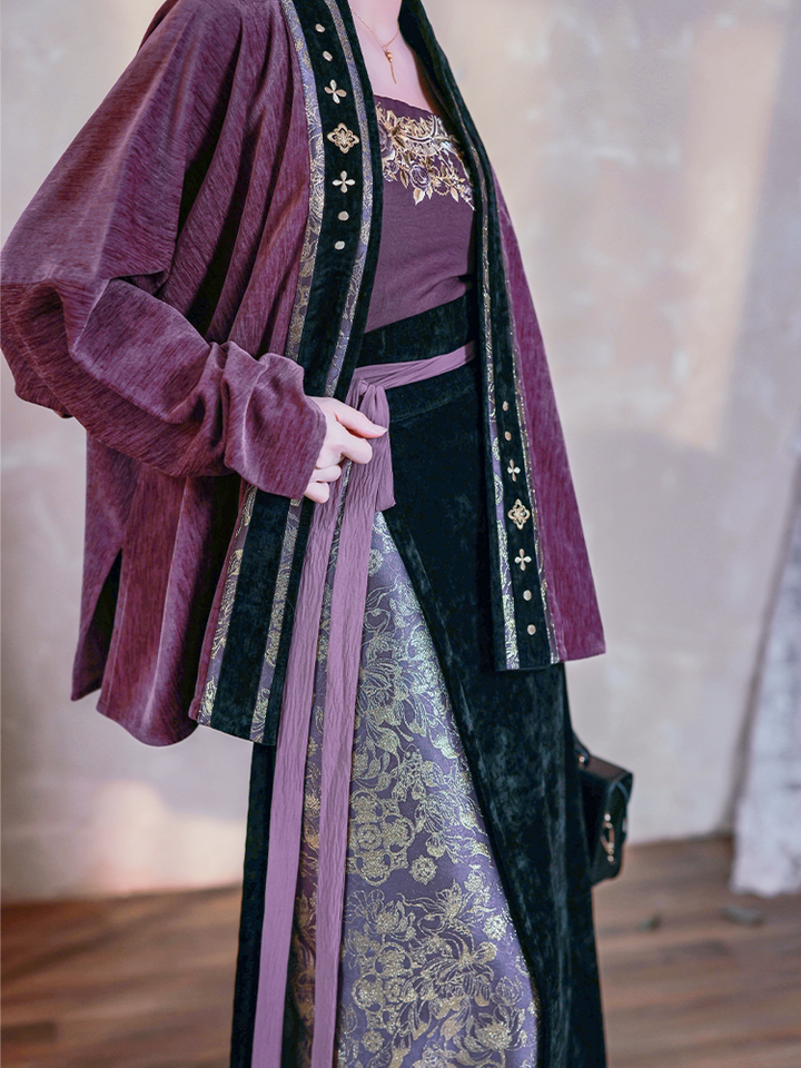 Dreamlike Dusk Mountain Purple Original Hanfu Song-Style Batwing Sleeve Wrap Skirt, Spring/Fall Chenille Embroidery & Gold Brocade, Elegant Everyday Wear