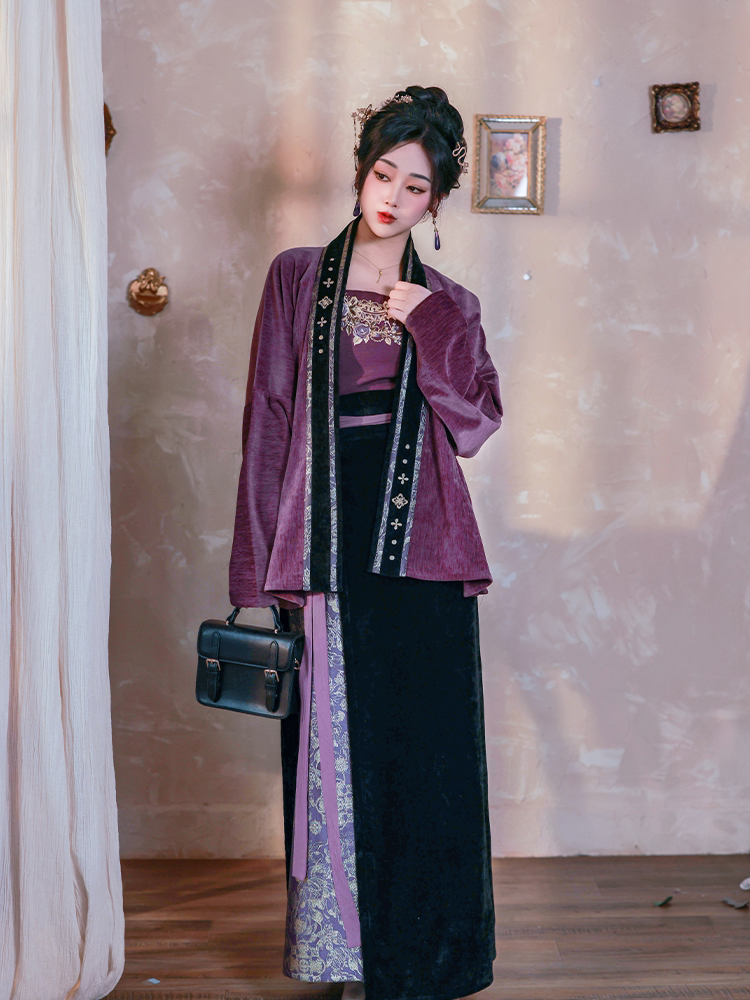 Dreamlike Dusk Mountain Purple Original Hanfu Song-Style Batwing Sleeve Wrap Skirt, Spring/Fall Chenille Embroidery & Gold Brocade, Elegant Everyday Wear