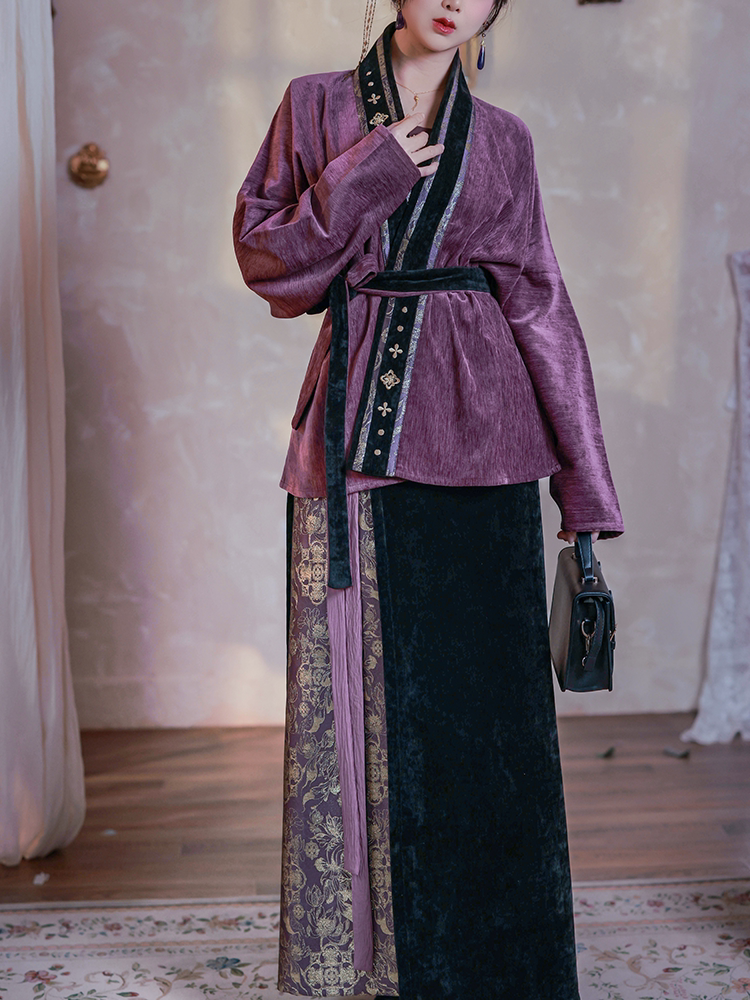 Dreamlike Dusk Mountain Purple Original Hanfu Song-Style Batwing Sleeve Wrap Skirt, Spring/Fall Chenille Embroidery & Gold Brocade, Elegant Everyday Wear