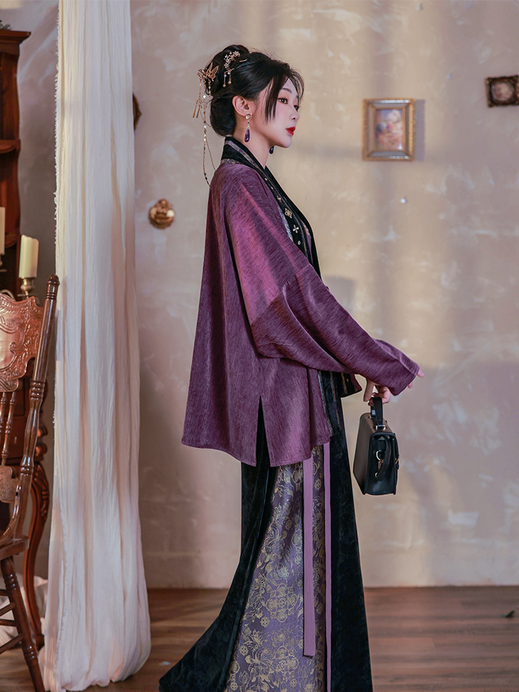 Dreamlike Dusk Mountain Purple Original Hanfu Song-Style Batwing Sleeve Wrap Skirt, Spring/Fall Chenille Embroidery & Gold Brocade, Elegant Everyday Wear