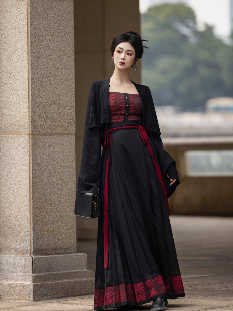 Ni Meng Original Nightfall Red Fern Ming-Style Mamian Skirt, Famen Temple-Inspired Corset Style, Red & Black Everyday Hanfu
