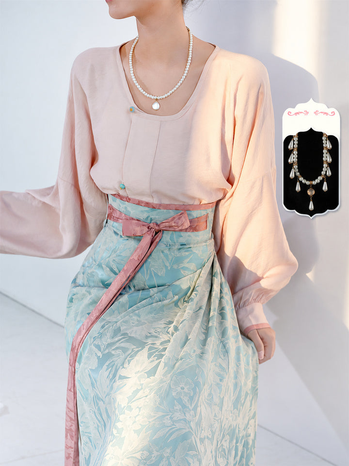 Dreamy Green Glaze Dye, Original Tang-Style-Inspired Round-Neck Top & Po Skirt, Everyday Hanfu in Pink-Blue Jacquard and Solid Color