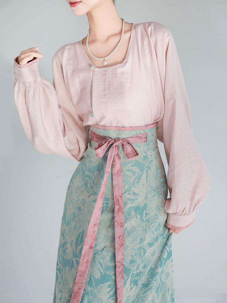 Dreamy Green Glaze Dye, Original Tang-Style-Inspired Round-Neck Top & Po Skirt, Everyday Hanfu in Pink-Blue Jacquard and Solid Color