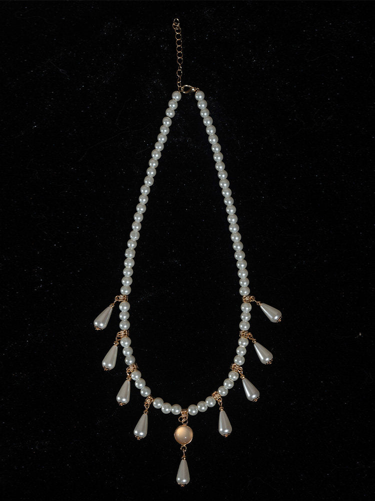 Dreamy Faux Pearl Vintage Necklace for Women, Glass Fairy Pendant, Hanfu Accessory, Soft Ming-Style Beaded Necklace
