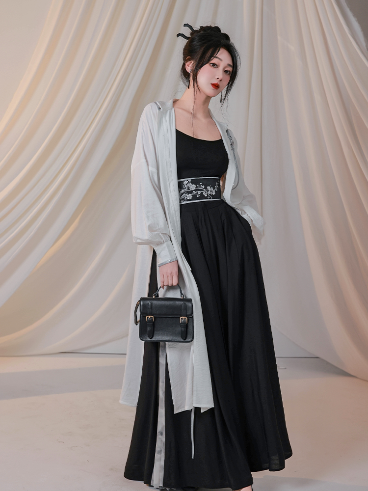 Nimeng Original “Plum Blossom Poem” Han-Inspired Modern Chinese Black & White Edgy Mandarin-Collar Shirt & Updated Song-Style Pants, Spring/Fall, Unisex