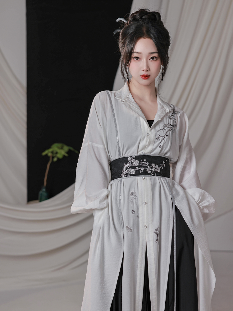 Nimeng Original “Plum Blossom Poem” Han-Inspired Modern Chinese Black & White Edgy Mandarin-Collar Shirt & Updated Song-Style Pants, Spring/Fall, Unisex