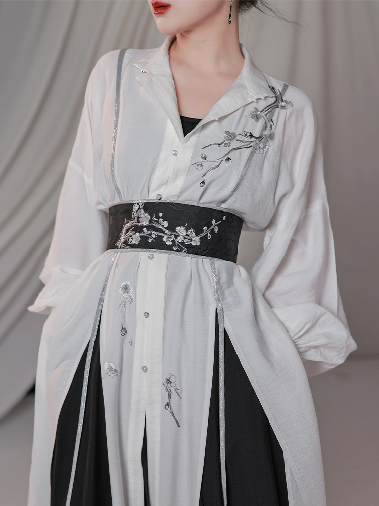 Nimeng Original “Plum Blossom Poem” Han-Inspired Modern Chinese Black & White Edgy Mandarin-Collar Shirt & Updated Song-Style Pants, Spring/Fall, Unisex