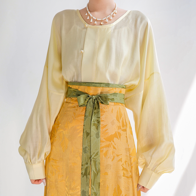 Dreamy Cyan Glaze Original Tang-Style Modified Round-Neck Top & Split Skirt Daily Hanfu, Goose Yellow Jacquard Solid