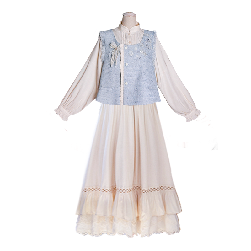 Dreamy Sea Salt Magnolia Forest-Style Lace Tiered Skirt, Fresh Everyday Shirt & Embroidered Vest, Elegant Original Design