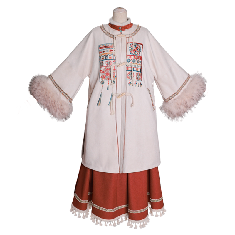Dreamy Cloud Song Ming-Style Round-Neck Half-Sleeve Long Jacket, Fleece-Lined for Fall & Winter, Heavy Embroidery, Pleated Skirt, Tassels, Zhuang Ethnic Style