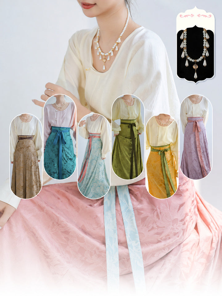 Celadon-Dyed Contrast Colors, Multicolor Tang-Style Hanfu Jacquard Pleated Skirt & Modern Round-Neck Top, Original Guofeng by Ni Meng