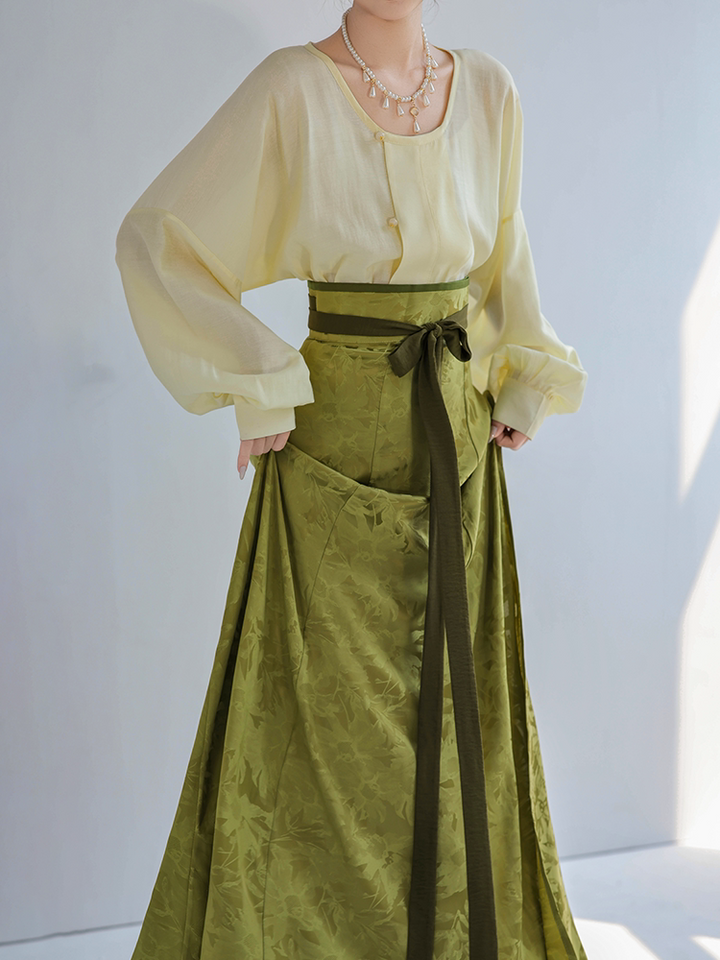 Celadon-Dyed Contrast Colors, Multicolor Tang-Style Hanfu Jacquard Pleated Skirt & Modern Round-Neck Top, Original Guofeng by Ni Meng
