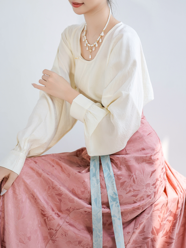 Celadon-Dyed Contrast Colors, Multicolor Tang-Style Hanfu Jacquard Pleated Skirt & Modern Round-Neck Top, Original Guofeng by Ni Meng