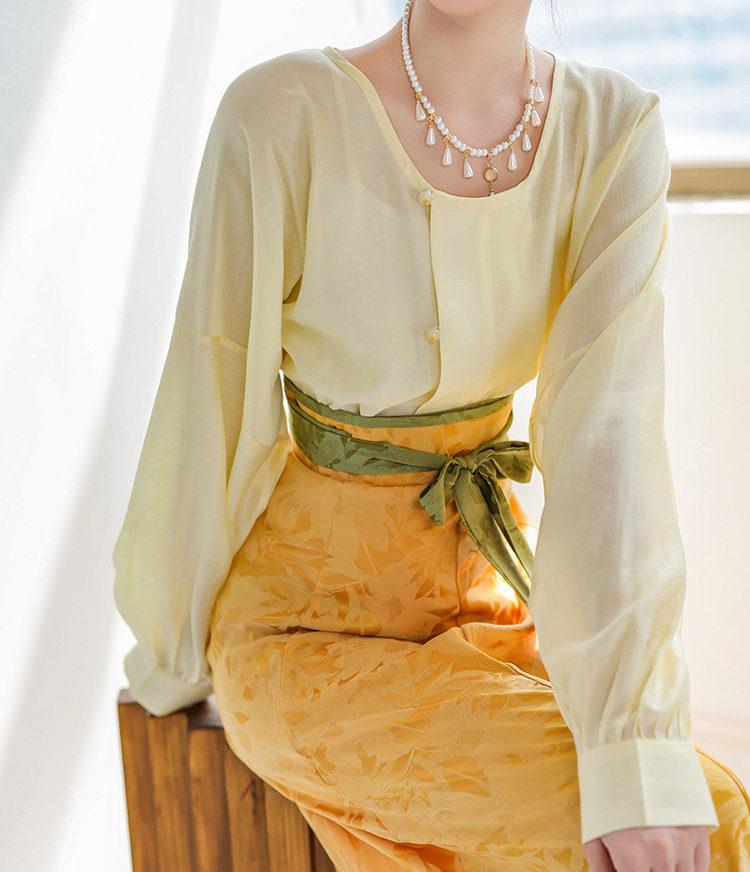Dreamy Cyan Glaze Original Tang-Style Modified Round-Neck Top & Split Skirt Daily Hanfu, Goose Yellow Jacquard Solid