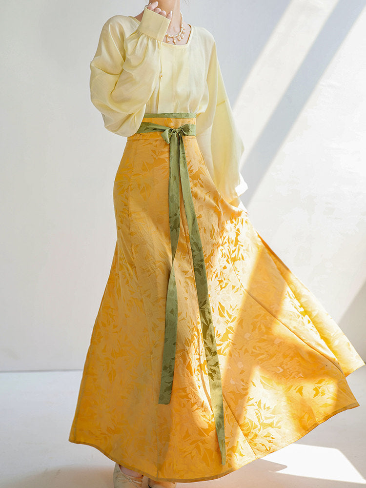 Dreamy Cyan Glaze Original Tang-Style Modified Round-Neck Top & Split Skirt Daily Hanfu, Goose Yellow Jacquard Solid