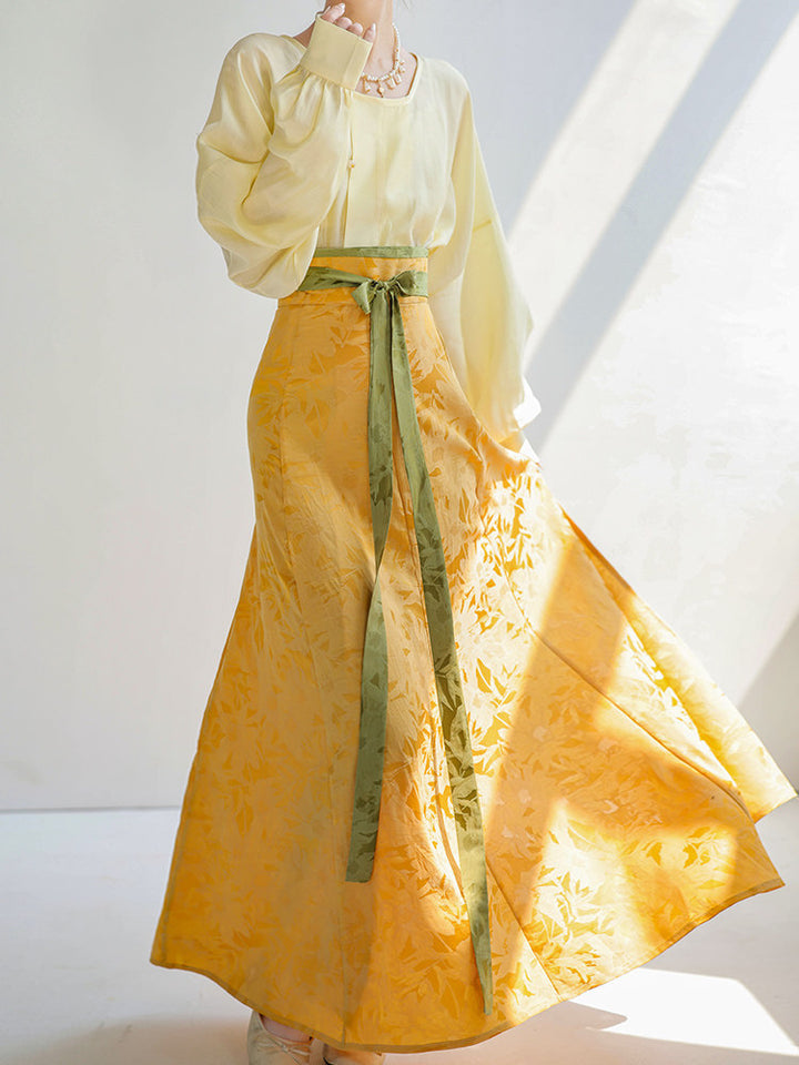 Dreamy Cyan Glaze Original Tang-Style Modified Round-Neck Top & Split Skirt Daily Hanfu, Goose Yellow Jacquard Solid