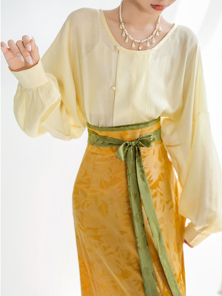 Dreamy Cyan Glaze Original Tang-Style Modified Round-Neck Top & Split Skirt Daily Hanfu, Goose Yellow Jacquard Solid