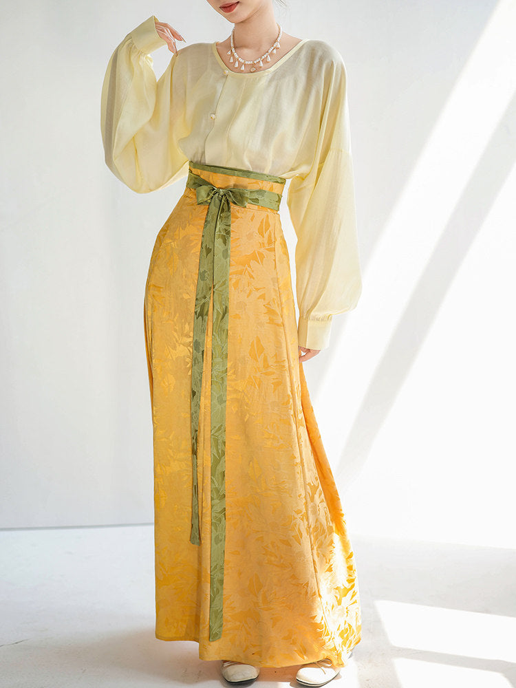 Dreamy Cyan Glaze Original Tang-Style Modified Round-Neck Top & Split Skirt Daily Hanfu, Goose Yellow Jacquard Solid