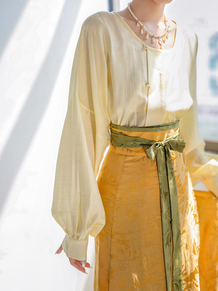 Dreamy Cyan Glaze Original Tang-Style Modified Round-Neck Top & Split Skirt Daily Hanfu, Goose Yellow Jacquard Solid