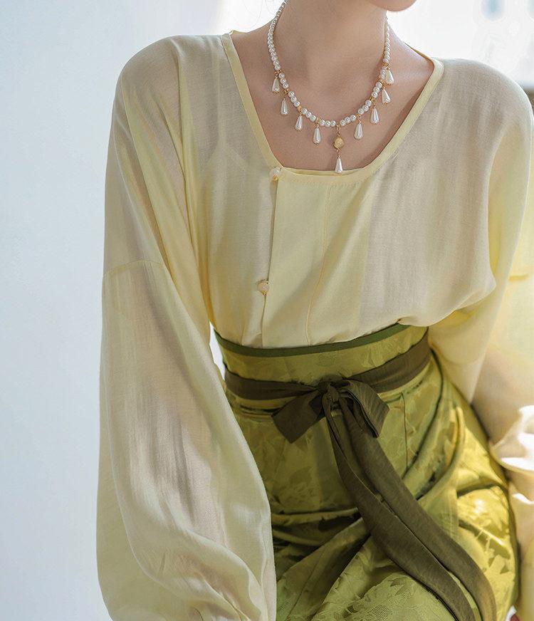 Dreamy Blue Glaze Dye - Original Tang Modified Round Collar Top & Pleated Skirt, Daily Hanfu, Pink & Blue Jacquard & Solid