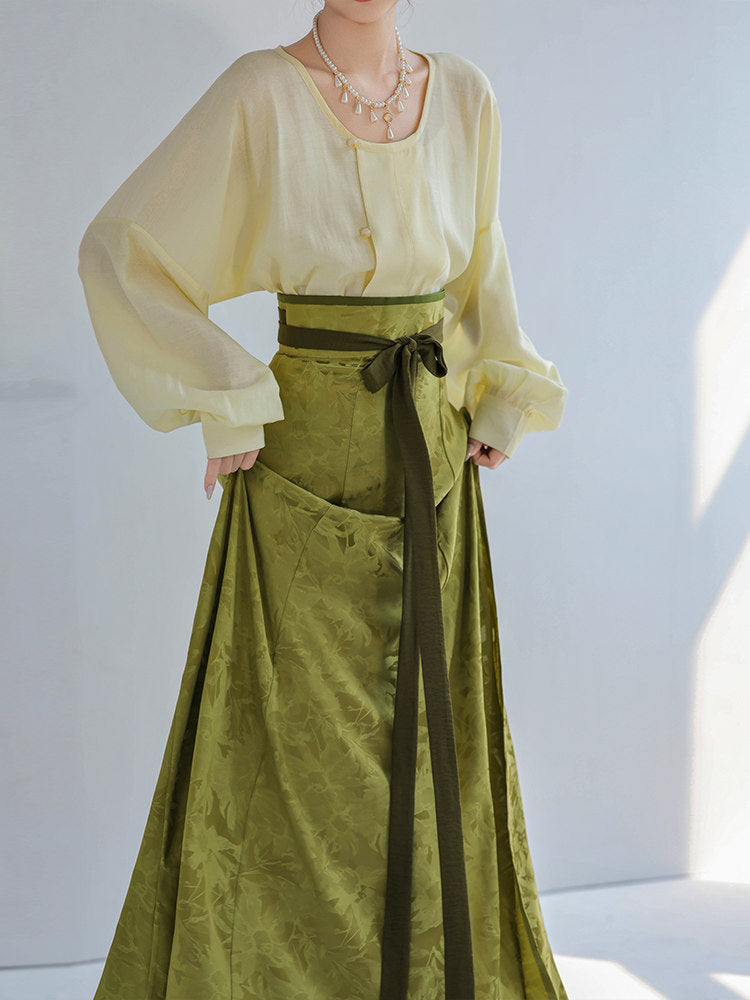 Dreamy Blue Glaze Dye - Original Tang Modified Round Collar Top & Pleated Skirt, Daily Hanfu, Pink & Blue Jacquard & Solid