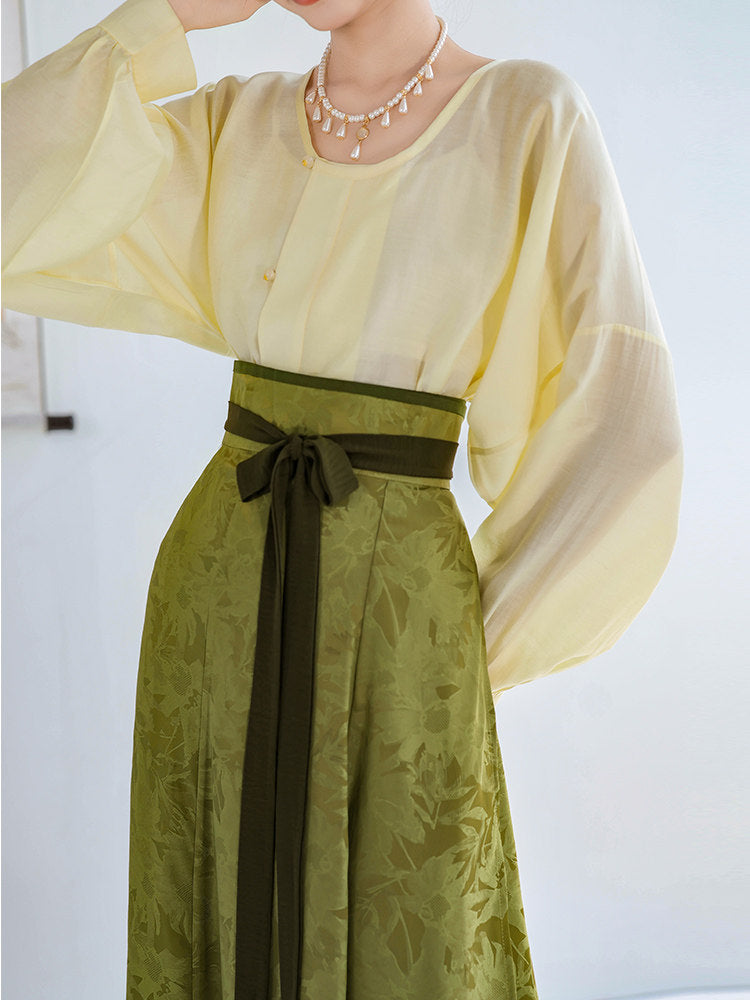 Dreamy Blue Glaze Dye - Original Tang Modified Round Collar Top & Pleated Skirt, Daily Hanfu, Pink & Blue Jacquard & Solid