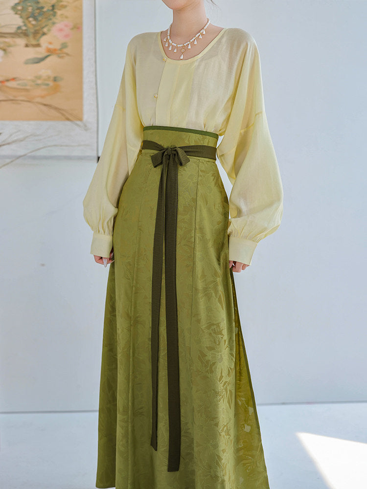 Dreamy Blue Glaze Dye - Original Tang Modified Round Collar Top & Pleated Skirt, Daily Hanfu, Pink & Blue Jacquard & Solid