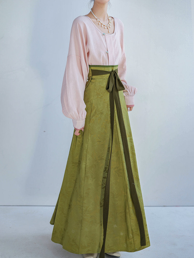 Dreamy Blue Glaze Dye - Original Tang Modified Round Collar Top & Pleated Skirt, Daily Hanfu, Pink & Blue Jacquard & Solid