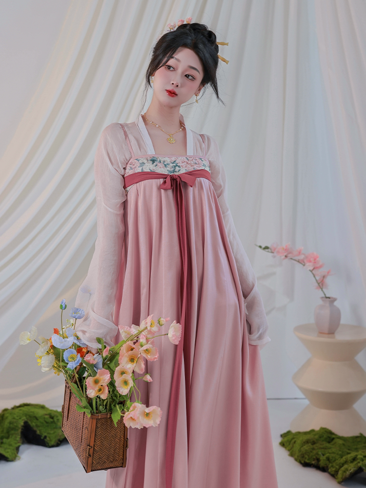 Nimeng Manchunjiao Original Tang-Style Han Qixiong Dress w/ Elastic Pockets, Light Spring Pink Chinese Slip