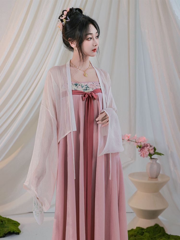 Nimeng Manchunjiao Original Tang-Style Han Qixiong Dress w/ Elastic Pockets, Light Spring Pink Chinese Slip
