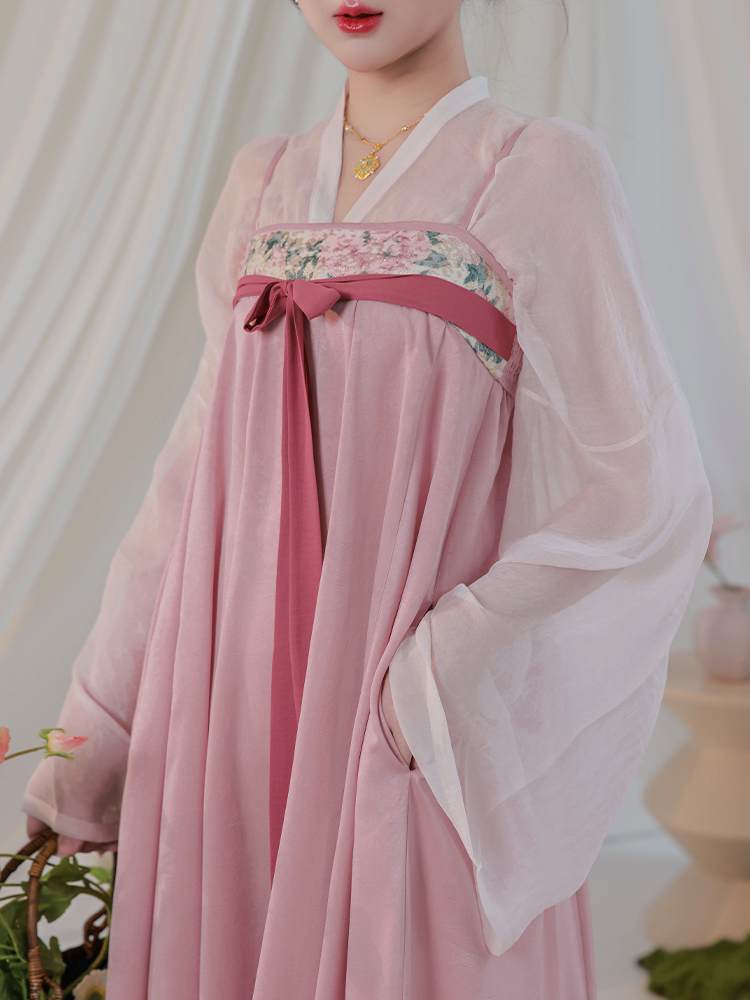 Nimeng Manchunjiao Original Tang-Style Han Qixiong Dress w/ Elastic Pockets, Light Spring Pink Chinese Slip