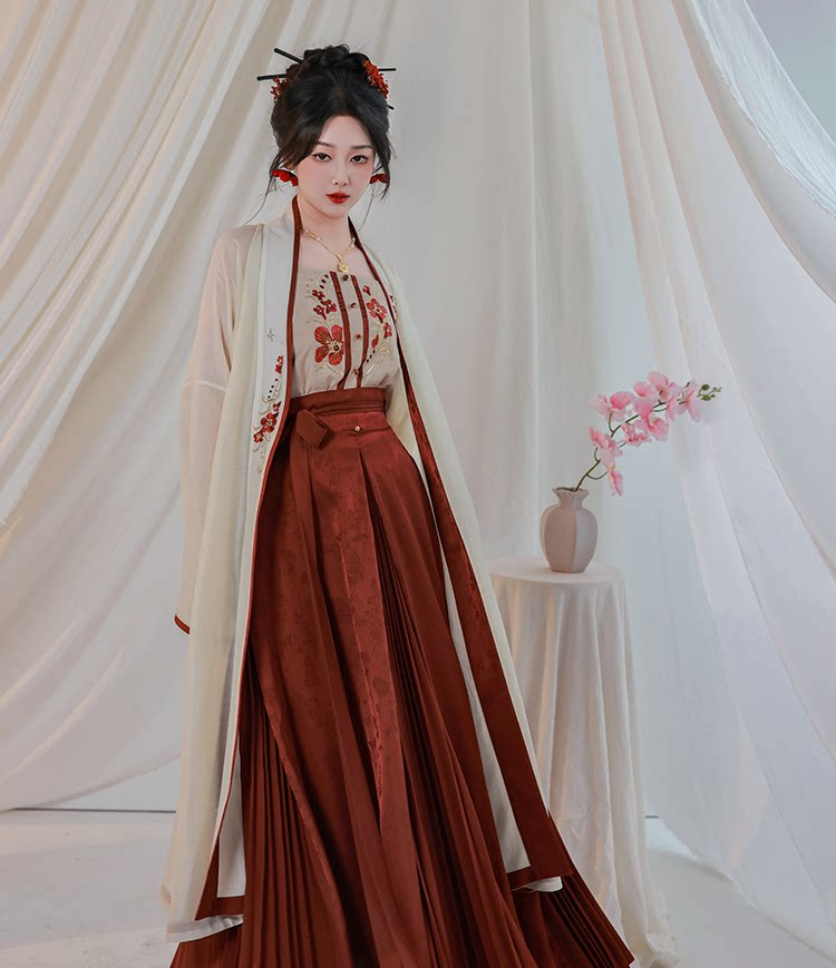 Nimeng Chiyu Zhan Original Modified Hanfu Song-style Long Robe & Pleated Skirt Set - Dark Red, Daily Commute, Morning Robe, Wedding Toast Dress