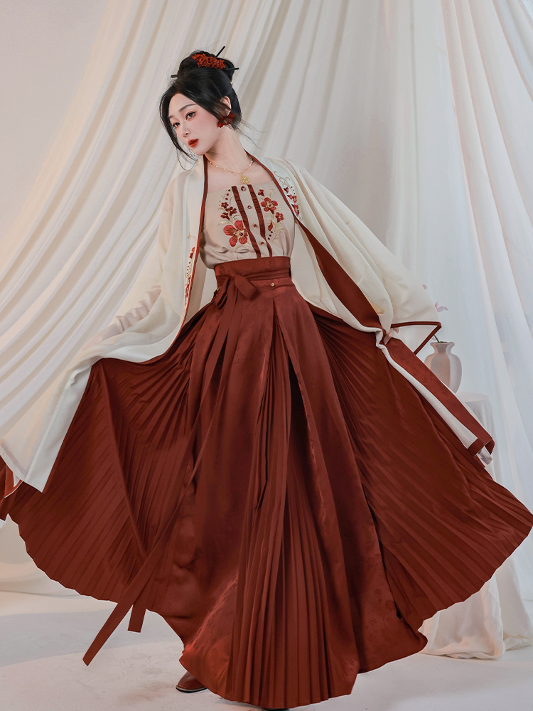 Nimeng Chiyu Zhan Original Modified Hanfu Song-style Long Robe & Pleated Skirt Set - Dark Red, Daily Commute, Morning Robe, Wedding Toast Dress