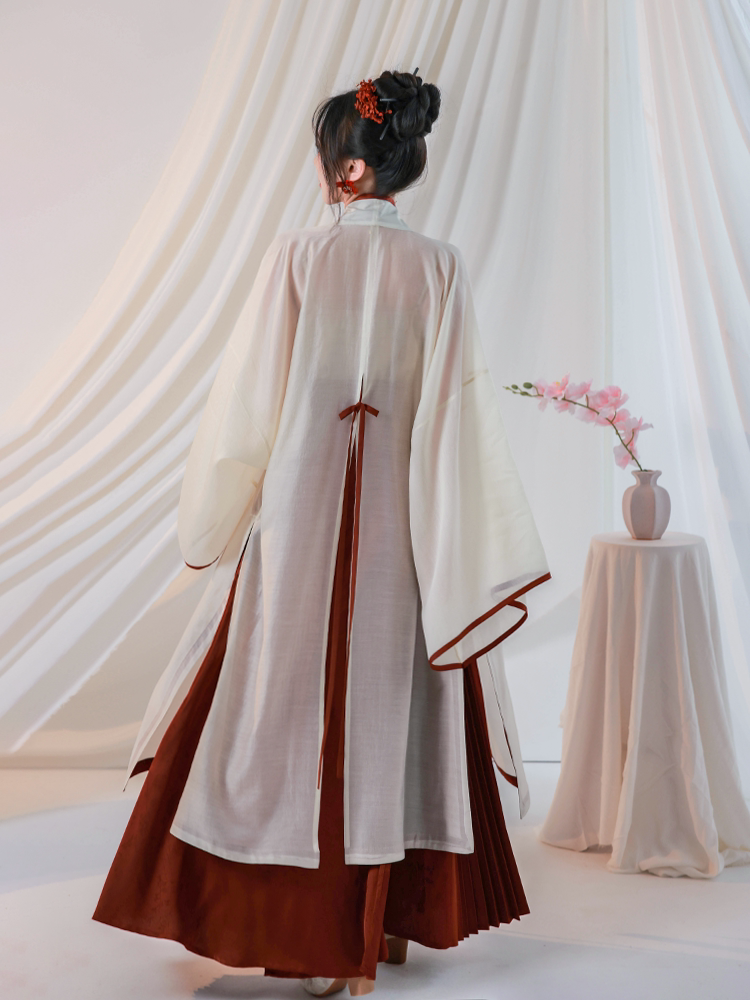 Nimeng Chiyu Zhan Original Modified Hanfu Song-style Long Robe & Pleated Skirt Set - Dark Red, Daily Commute, Morning Robe, Wedding Toast Dress