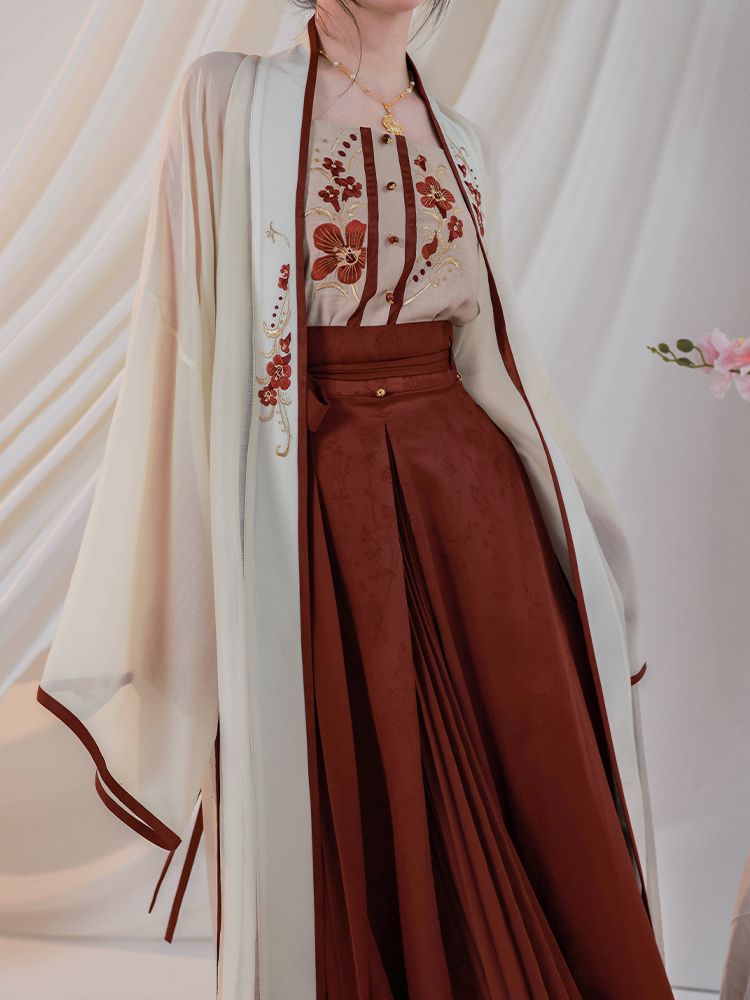 Nimeng Chiyu Zhan Original Modified Hanfu Song-style Long Robe & Pleated Skirt Set - Dark Red, Daily Commute, Morning Robe, Wedding Toast Dress